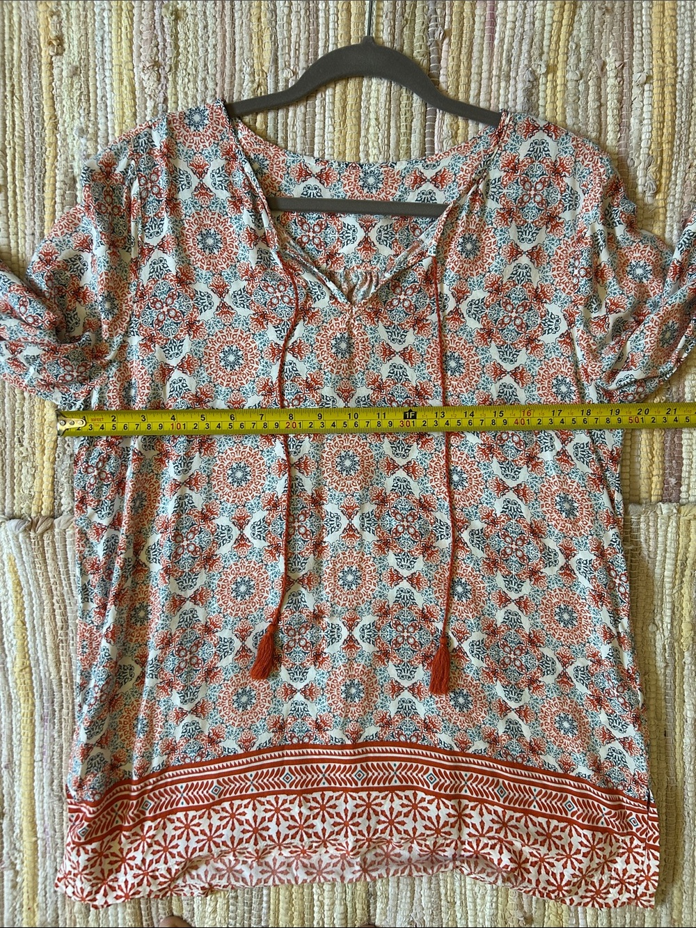 Boho Medallion Print Tunic M/L Rayon Tassel Tie Peasant Blouse - Picture 9 of 12